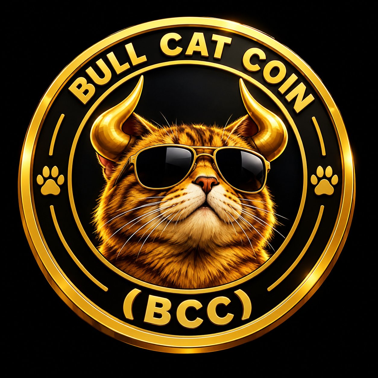 Official Bull Cat Coin logo: a tabby cat with golden bull horns and gold aviators on a black-and-gold coin