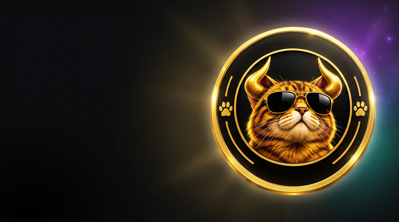 The Bull Cat Coin, a black-and-gold coin with a horned tabby cat in aviator sunglasses